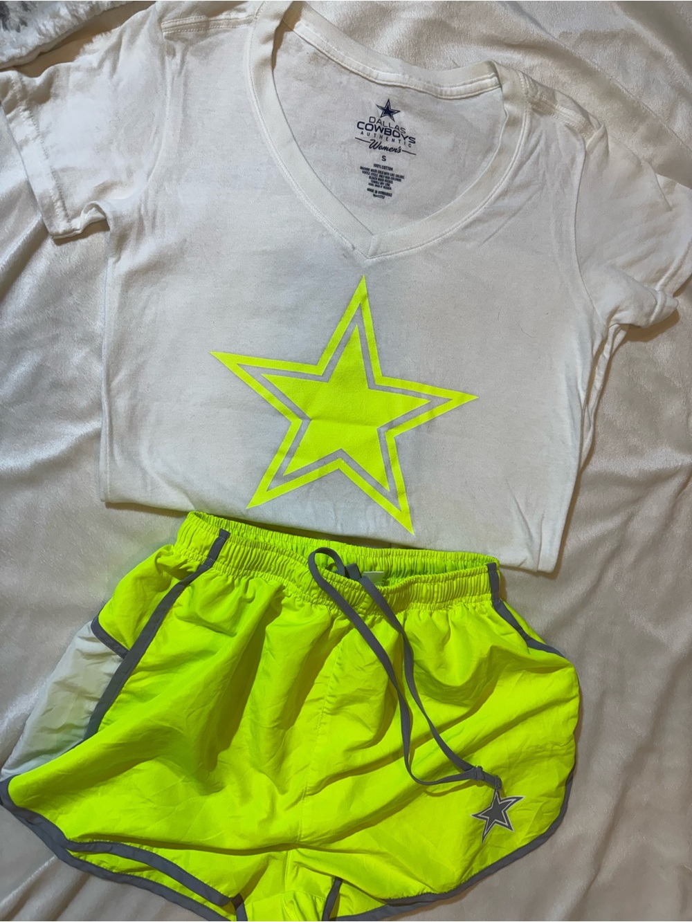 Dallas Cowboys Women’s White V-Neck Tee with Neon Yellow Star Dri-fit Shorts
